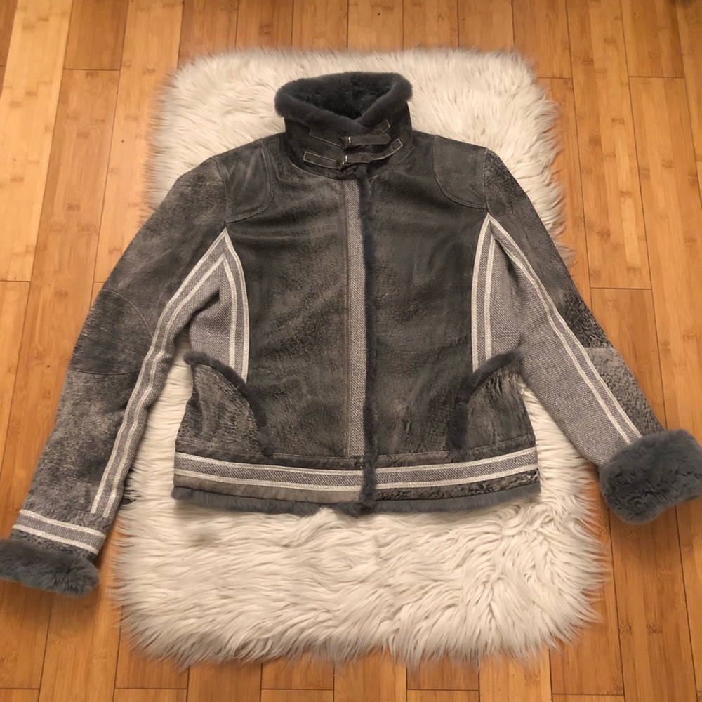 St. John Sport Suede Leather Rabbit Fur Mohair Wool Mabled Faded Grey Jacket L